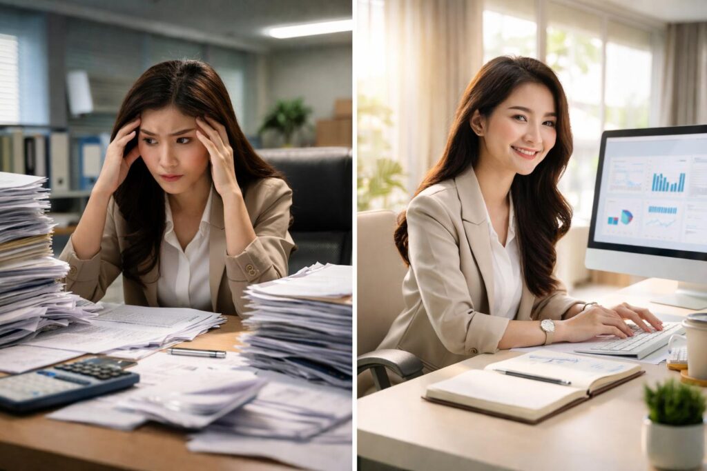 Một ngày làm việc của kế toán trước và sau khi dùng phần mềm.